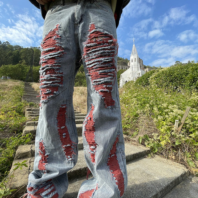 Niche Whisker Ripped Embroidered Jeans
