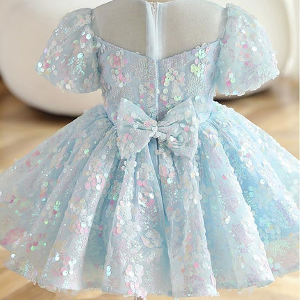 Girls Blue Sequins New Puff Sleeve Umbrella Princess Dress