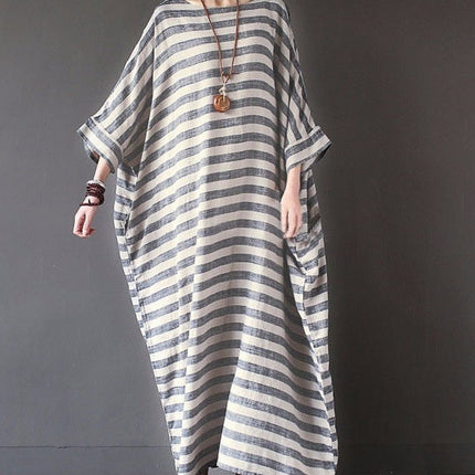 Cotton And Linen Stripes Loose Plus Size Long Dress