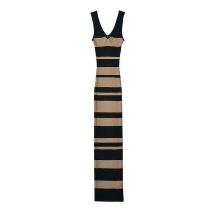 European And American Hot Girl Double V-neck Color Sleeveless Knitted Dress Intellectual Elegant Skinny Sheath