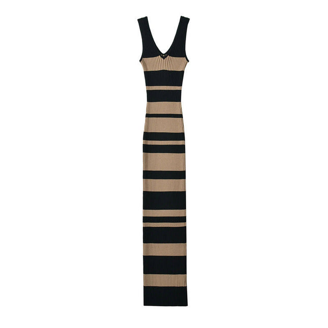 European And American Hot Girl Double V-neck Color Sleeveless Knitted Dress Intellectual Elegant Skinny Sheath