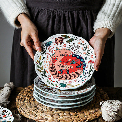 Cartoon Lucky Cat Round Plate Ceramic Color Dinner Plate Dish Plate Nordic Tableware
