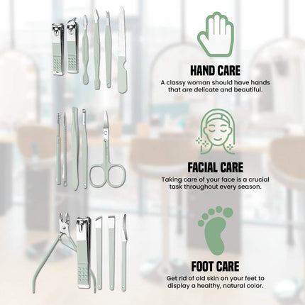 16-Piece: Stainless Steel Professional Manicure Pedicure Facial Set Grooming Kit with Leather Case
