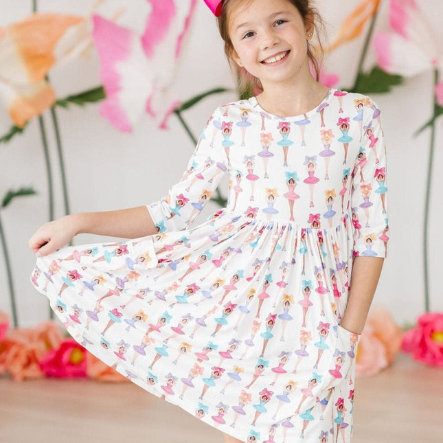 Ballerina Bows 3/4 Sleeve Pocket Twirl Dress