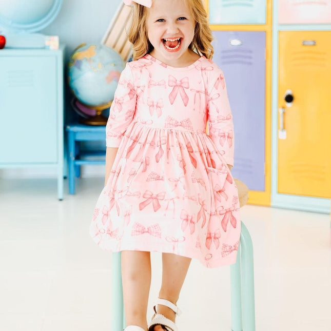 Blushing Bows 3/4 Sleeve Pocket Twirl Dress