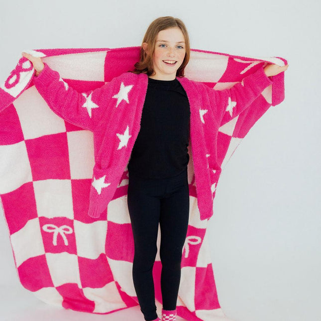 Bright Pink Checker Bow Cozy Blanket