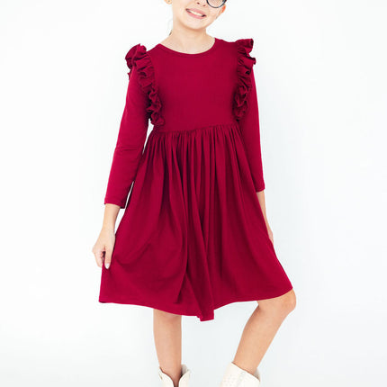 Burgundy L/S Ruffle Twirl Dress