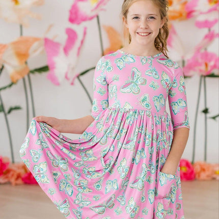 Butterfly Garden 3/4 Sleeve Pocket Twirl Dress