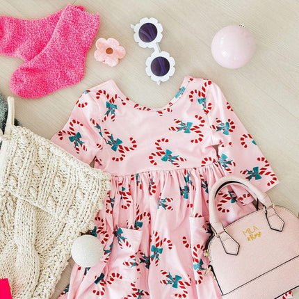 Candy Cane Cutie 3/4 Sleeve Pocket Twirl Dress