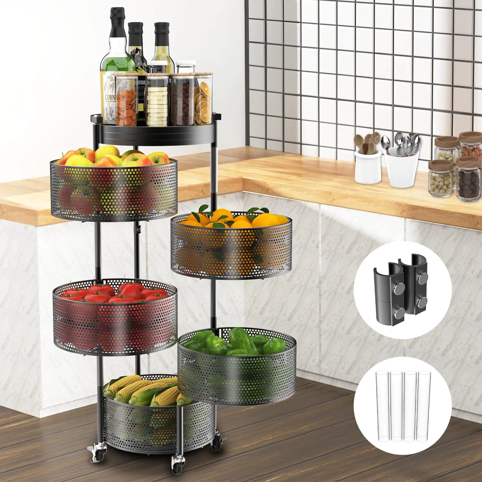 Amundo Fruit and Vegetable Basket Bowls for Kitchen5 Tier Rotating Storage Rack Cart With Metal Top LidDouble fixing ＆Metal Support Wheels Kitchen Storage Rack For Potato Onion Bread BananaBlack