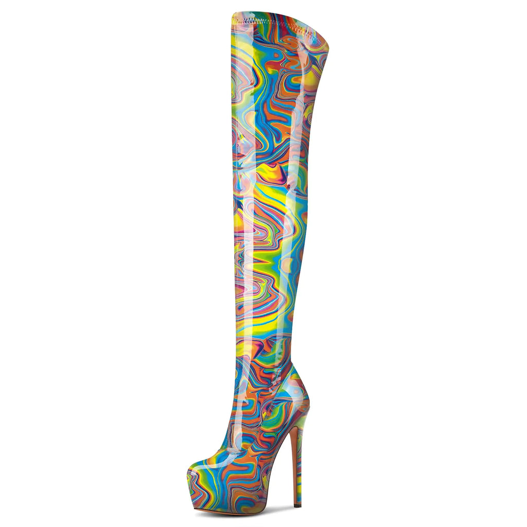 Aachcol Patent Leather Over The Knee Stiletto Boots Platform Thigh High Boots Round Toe Side Zipper Sexy Dress High Heel Boots 5.9 Inches Heels Colorful Graffiti 10 M US