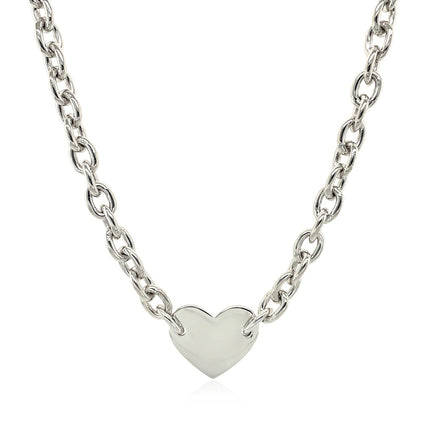 Sterling Silver Rhodium Plated Chain Bracelet with a Flat Heart Motif Station