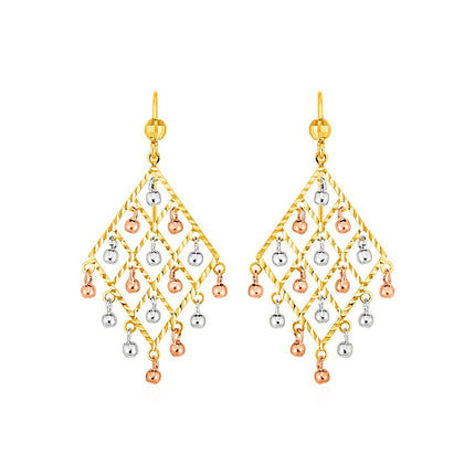Textured Chandelier Earrings with Ball Drops in 14k Tri Color Gold
