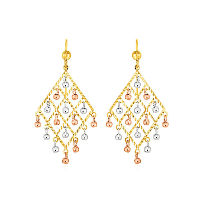 Textured Chandelier Earrings with Ball Drops in 14k Tri Color Gold