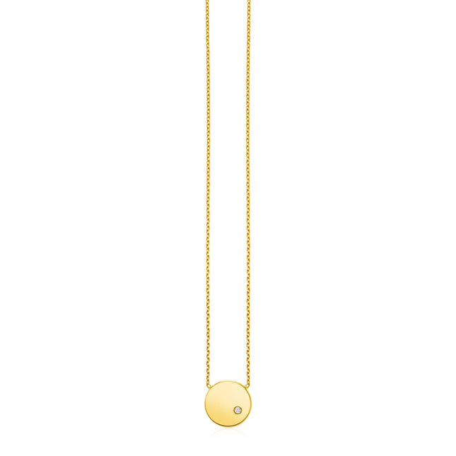 14k Yellow Gold Necklace with Polished Round Pendant with Diamond