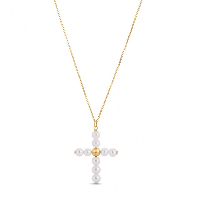 14k Yellow Gold Pearl Cross Pendant