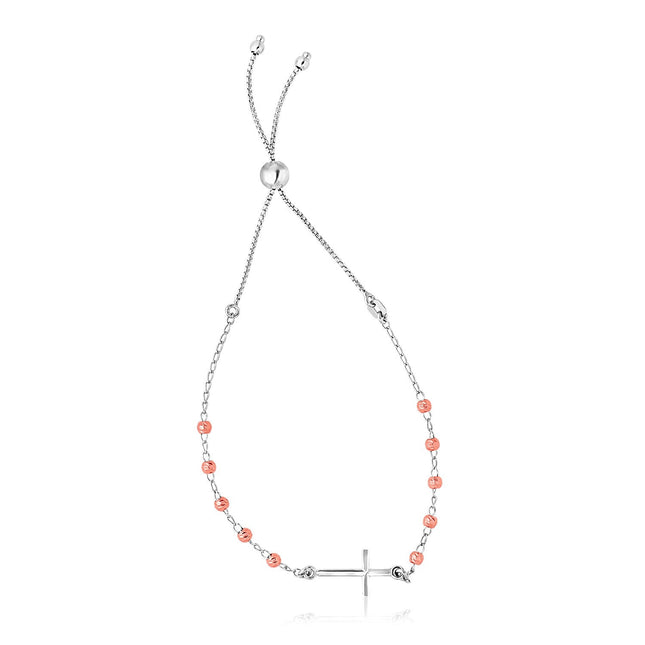 Sterling Silver White and Rose Finish Adjustable Bracelet with Cross (1.20 mm)
