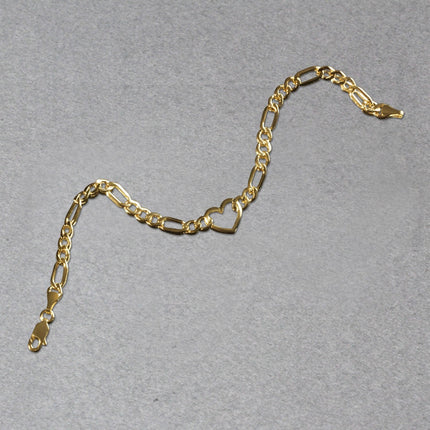 14k Yellow Gold 7 inch Figaro Chain Bracelet with Heart