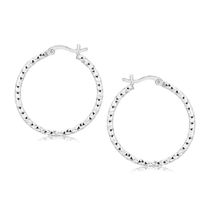 Sterling Silver Faceted Motif Hoop Earrings with Rhodium Plating(2x25mm)