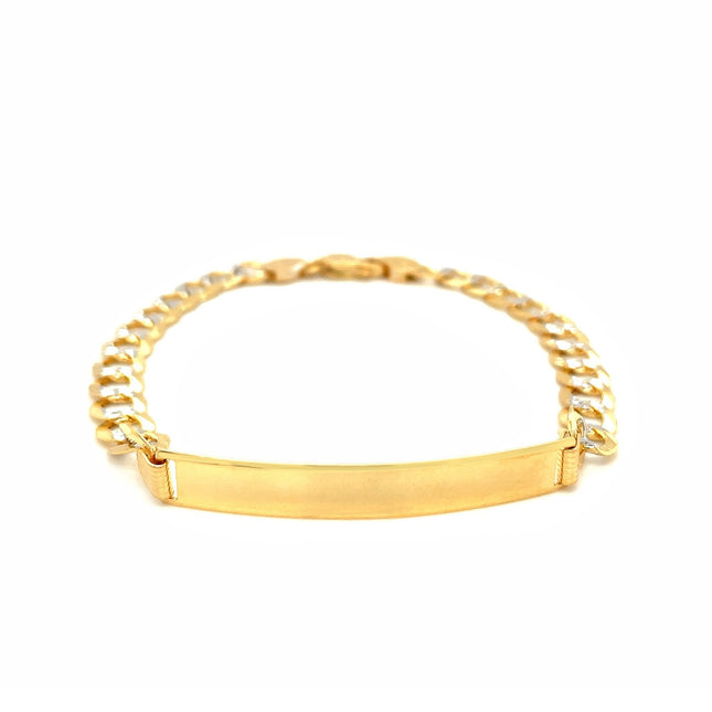 14k Two Tone Gold Mens Narrow Curb Chain ID Bracelet with White Pave (6.70 mm)