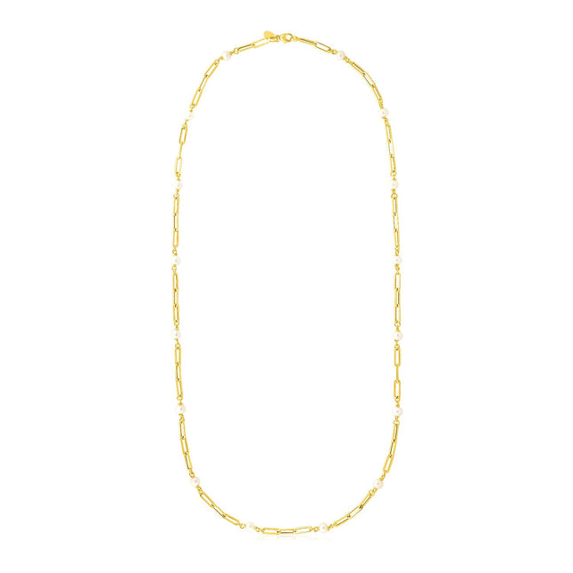 14k Yellow Gold Paperclip Chain and Pearl Necklace