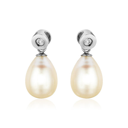 Sterling Silver Earrings with Pear Shaped Freshwater Pearls and Cubic Zirconias