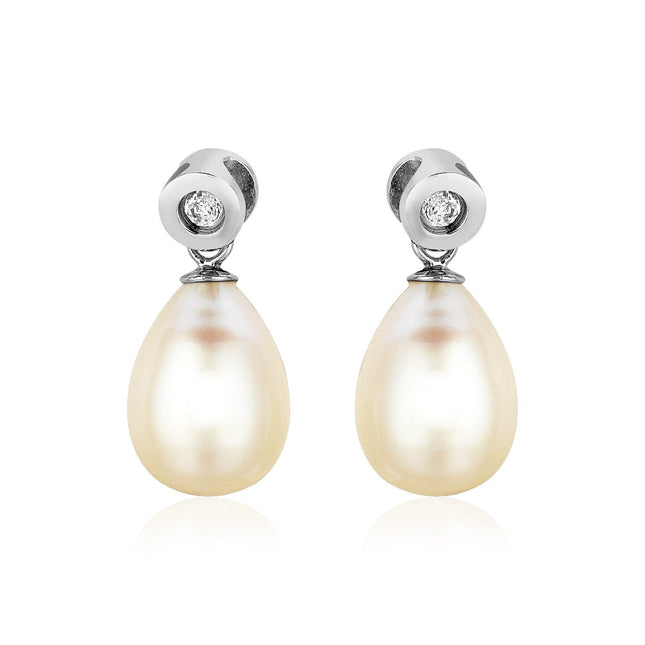 Sterling Silver Earrings with Pear Shaped Freshwater Pearls and Cubic Zirconias