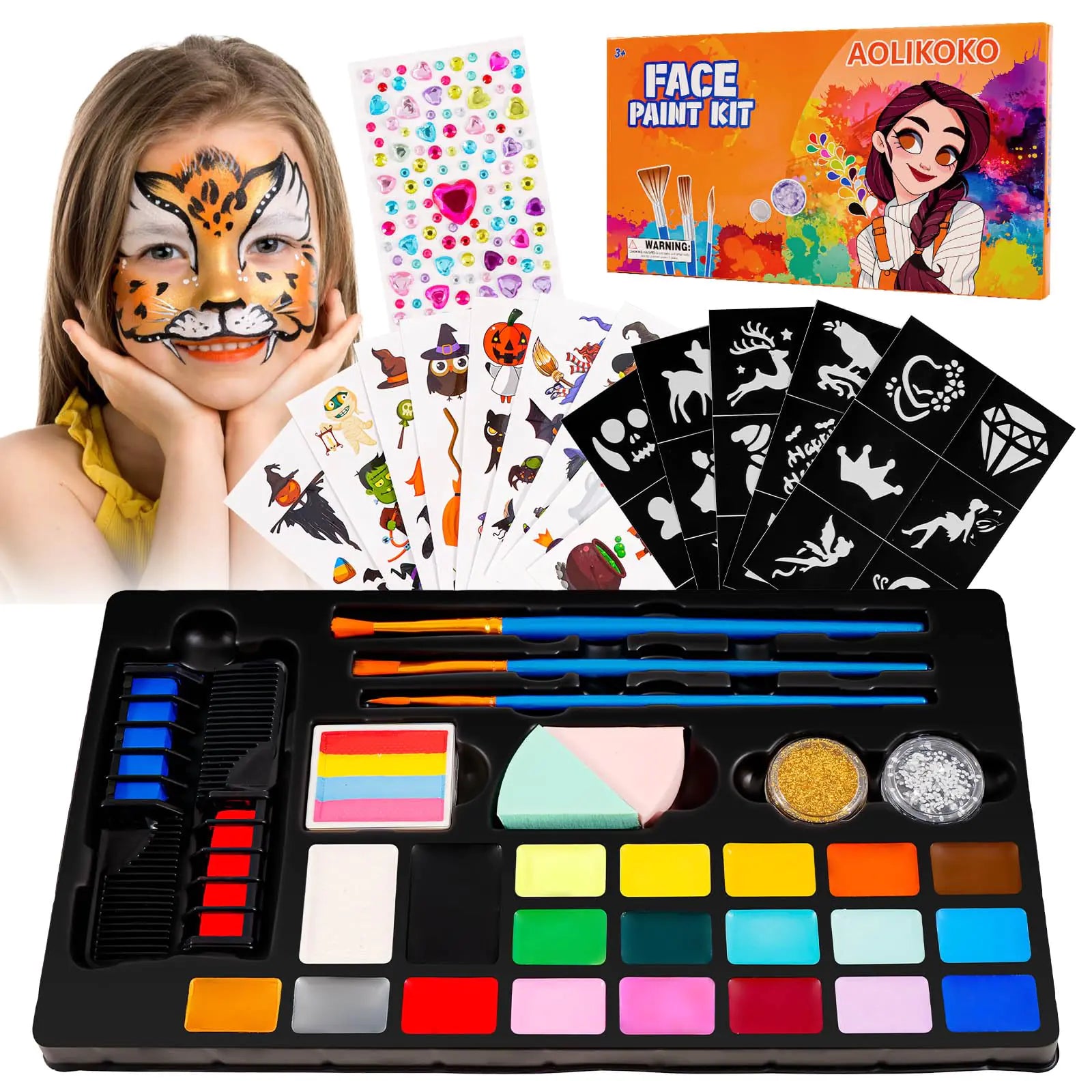 AOLIKOKO 20 Colors Face Paint Kit ，Professional Face Painting kit Birthdays Halloween Face Body Makeup KitIdeal for Cosplay Party SFX Arty Stage Makeup (Set 2)