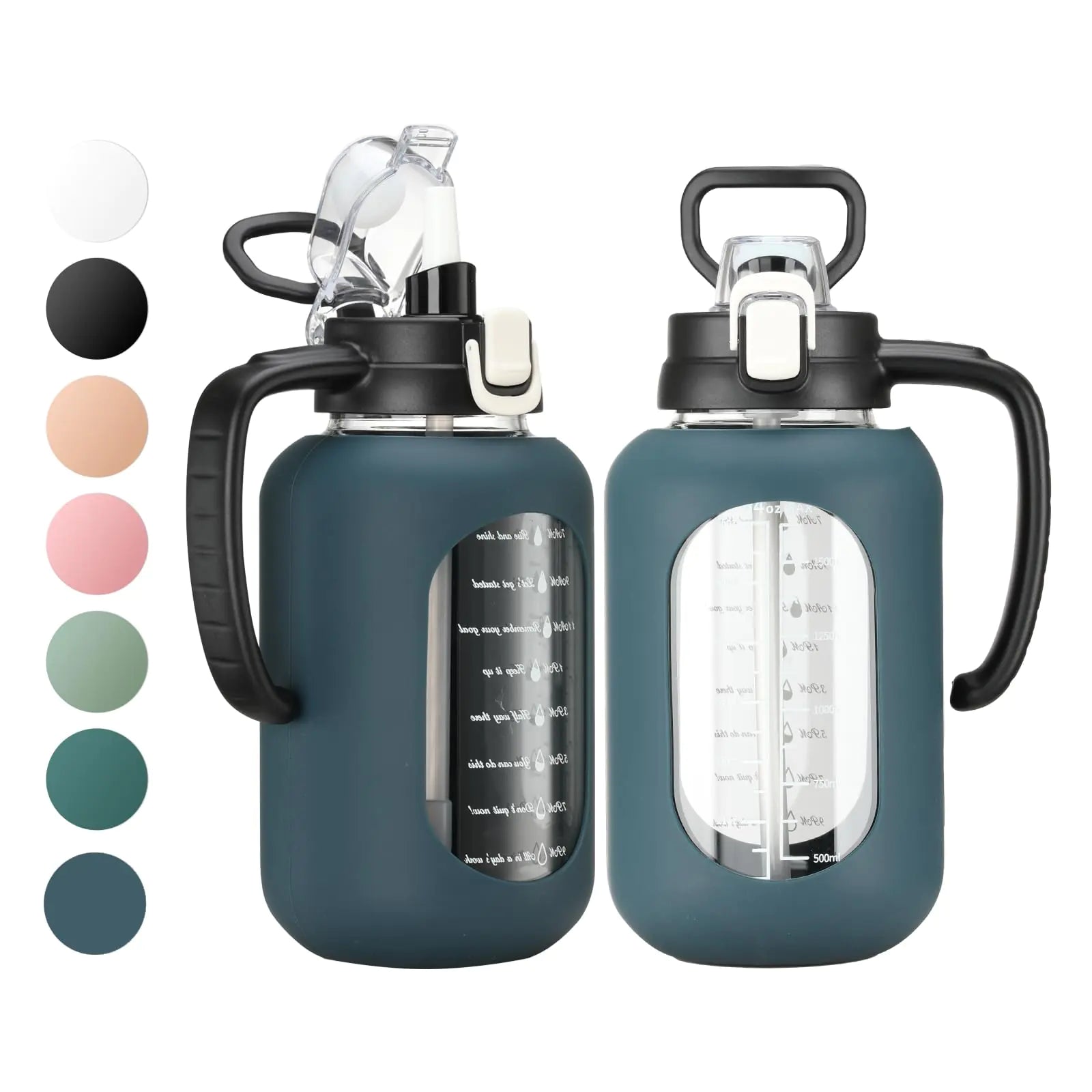 64 oz Glass Water Bottle with Lid and Handle Half Gallon Water Bottle with Time Marker Large Water Bottle with Silicone Sleeve for Coffee Juice Homemade Beverages