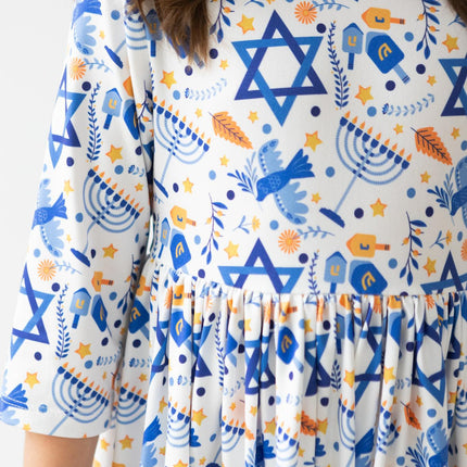 Happy Hanukkah 3/4 Sleeve Pocket Twirl Dress