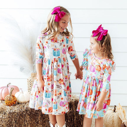 Harvest Blooms 3/4 Sleeve Pocket Twirl Dress