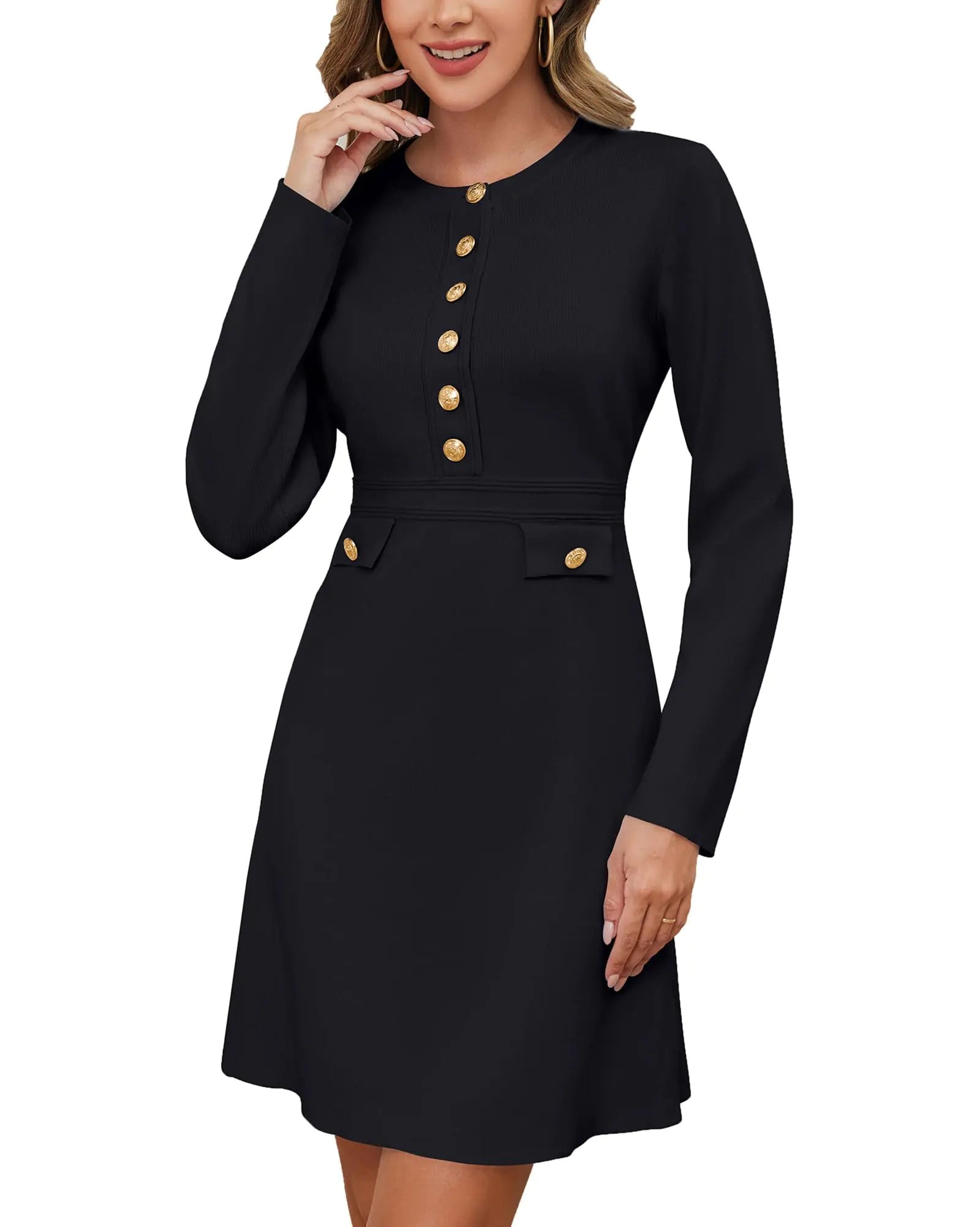 Aokivvy Womens Long Sleeve Sweater Dress Crewneck Button Elegant Bodycon Formal Party Mini Dress (Black S)