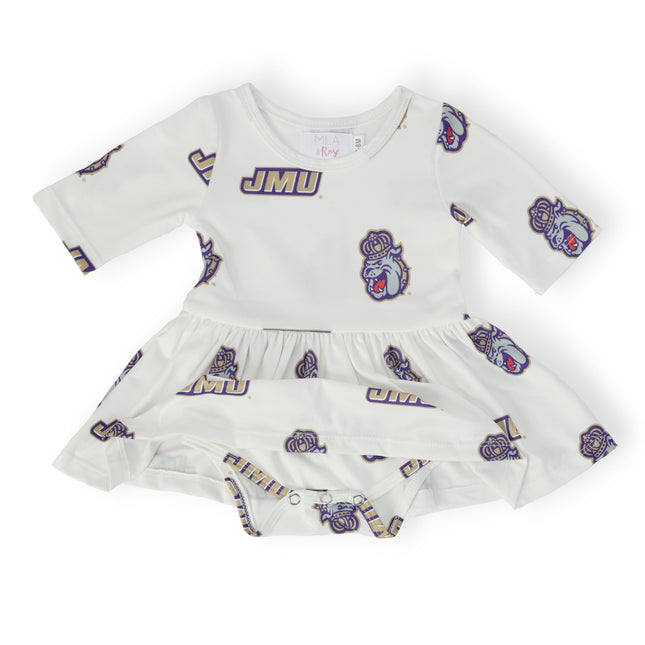 JMU White Duke Dog 3/4 Sleeve Twirl Bodysuit