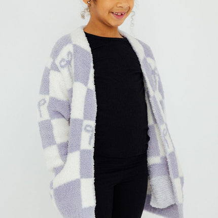 Lavender Checker Bow Cozy Cardigan