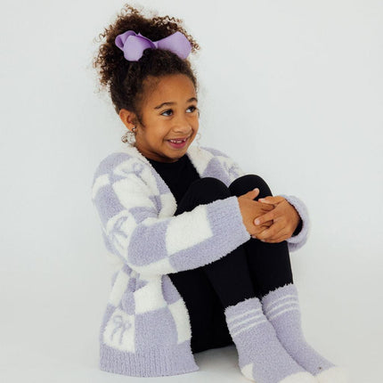 Lavender Checker Bow Cozy Cardigan