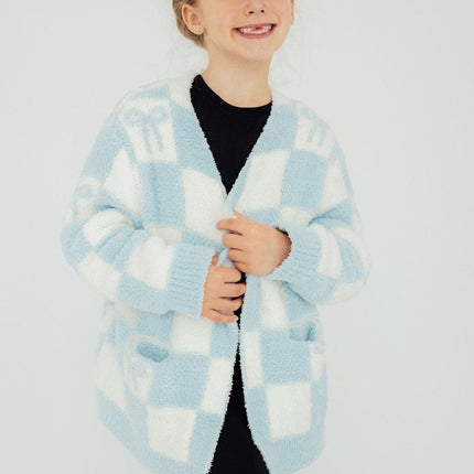 Light Blue Checker Bow Cozy Cardigan