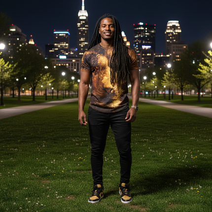 Urban Safari Men's Lion T-Shirt - 3D Printed Animal Graphic Tee, Gold/Black Streetwear, Short Sleeve Crew