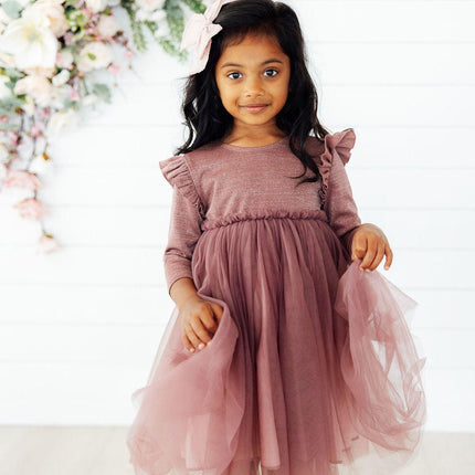 Mauve Shimmer 3/4 Sleeve Tutu Dress