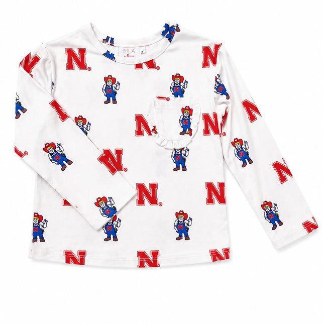 Nebraska White Herbie Husker L/S Ruffle Pocket Tee