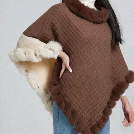New Luxury Rabbit Fur Collar Shawl Cape for women Elegant Autumn Winter Fashion