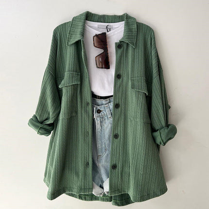 Women's Loose Plus Size Patch Pocket Lapel Long Sleeve Shirt Top