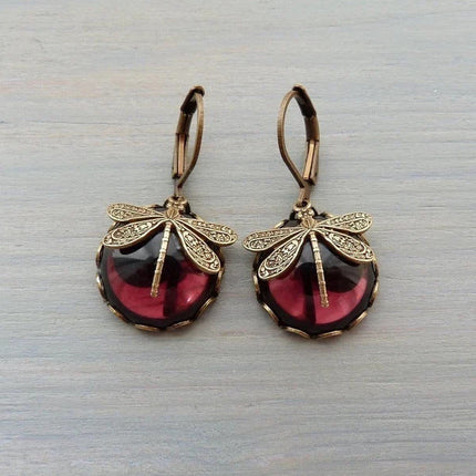 Fashion Jewelry Vintage Dragonfly Pattern Earrings Distressed Moonstone