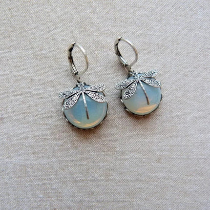 Fashion Jewelry Vintage Dragonfly Pattern Earrings Distressed Moonstone