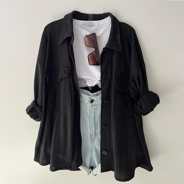 Women's Loose Plus Size Patch Pocket Lapel Long Sleeve Shirt Top