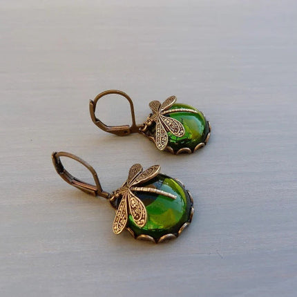 Fashion Jewelry Vintage Dragonfly Pattern Earrings Distressed Moonstone