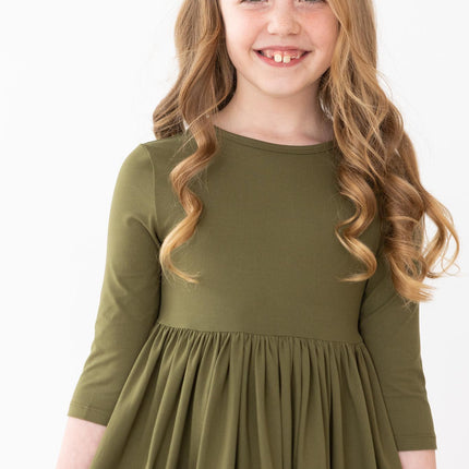 Olive 3/4 Sleeve Pocket Twirl Dress