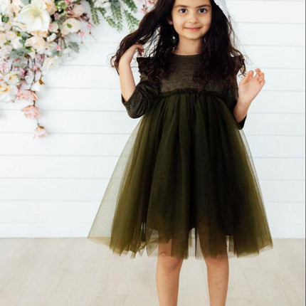 Olive Shimmer 3/4 Sleeve Tutu Dress