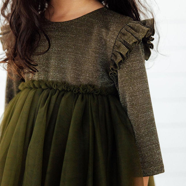 Olive Shimmer 3/4 Sleeve Tutu Dress
