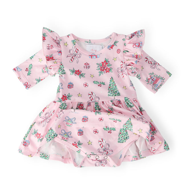 Pink Christmas 3/4 Sleeve Twirl Flutter Bodysuit