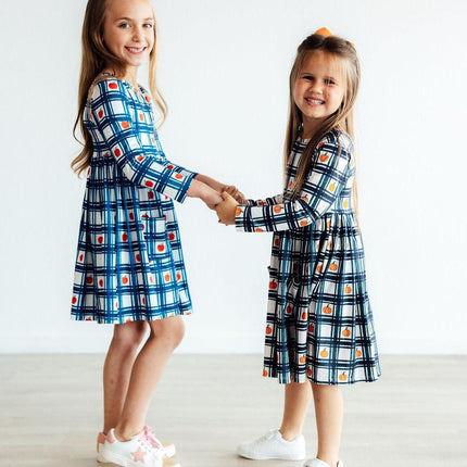 Plaid Apples L/S Pocket Twirl Dress